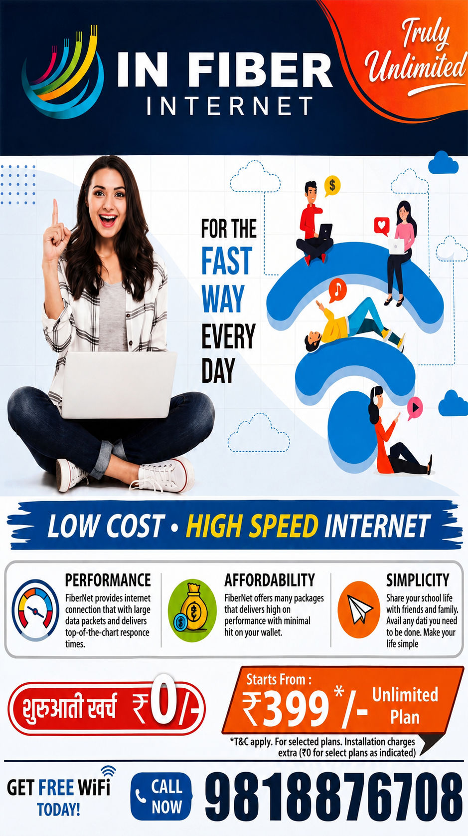 IN Fiber Internet promotional poster showing unlimited high speed internet plan starting from 399 rupees