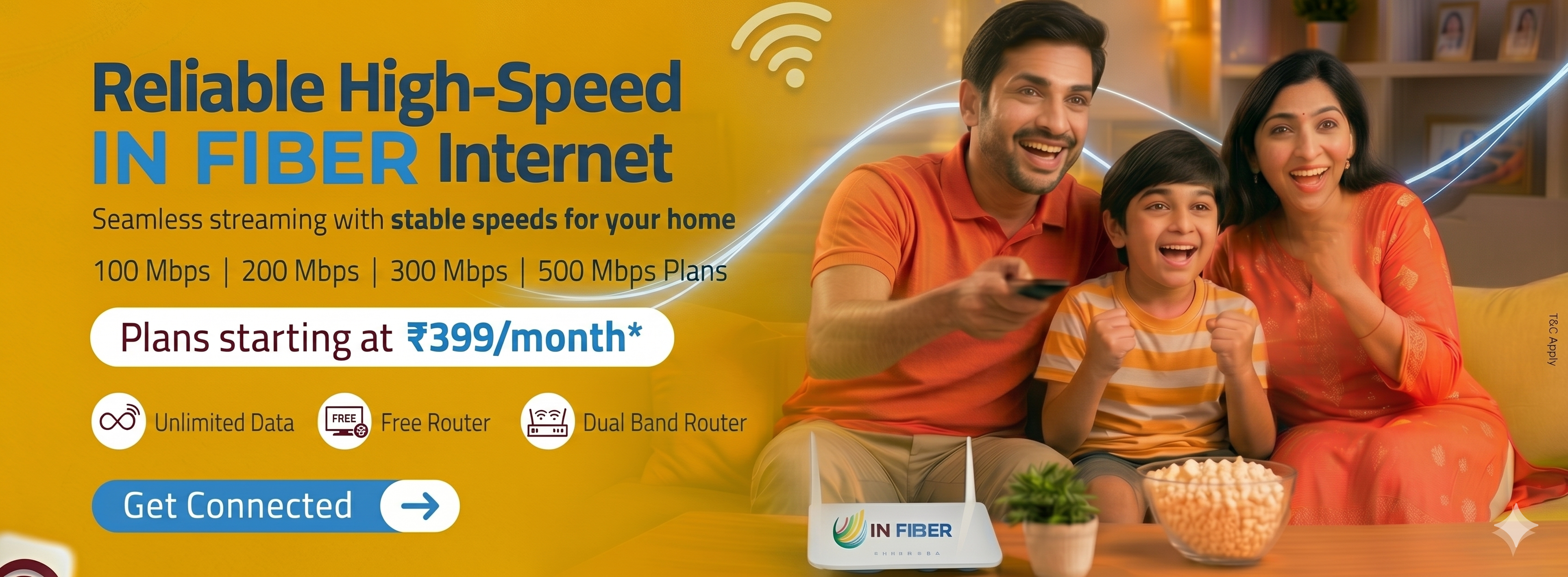 Reliable high-speed IN Fiber Internet plans starting at 399 rupees per month